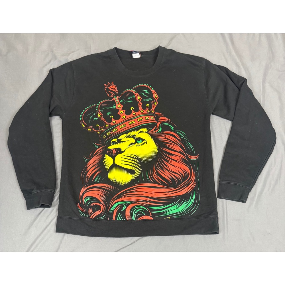 OGABEL Mens L Lion Crown Rasta Graphic Sweatshirt Black Crewneck Fleece Lined